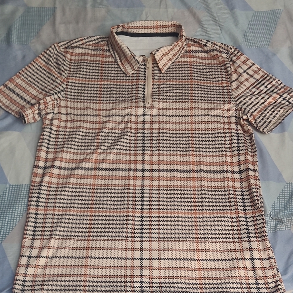 SHEIN Men's Plaid Polo Shirt - Black, White, and Orange